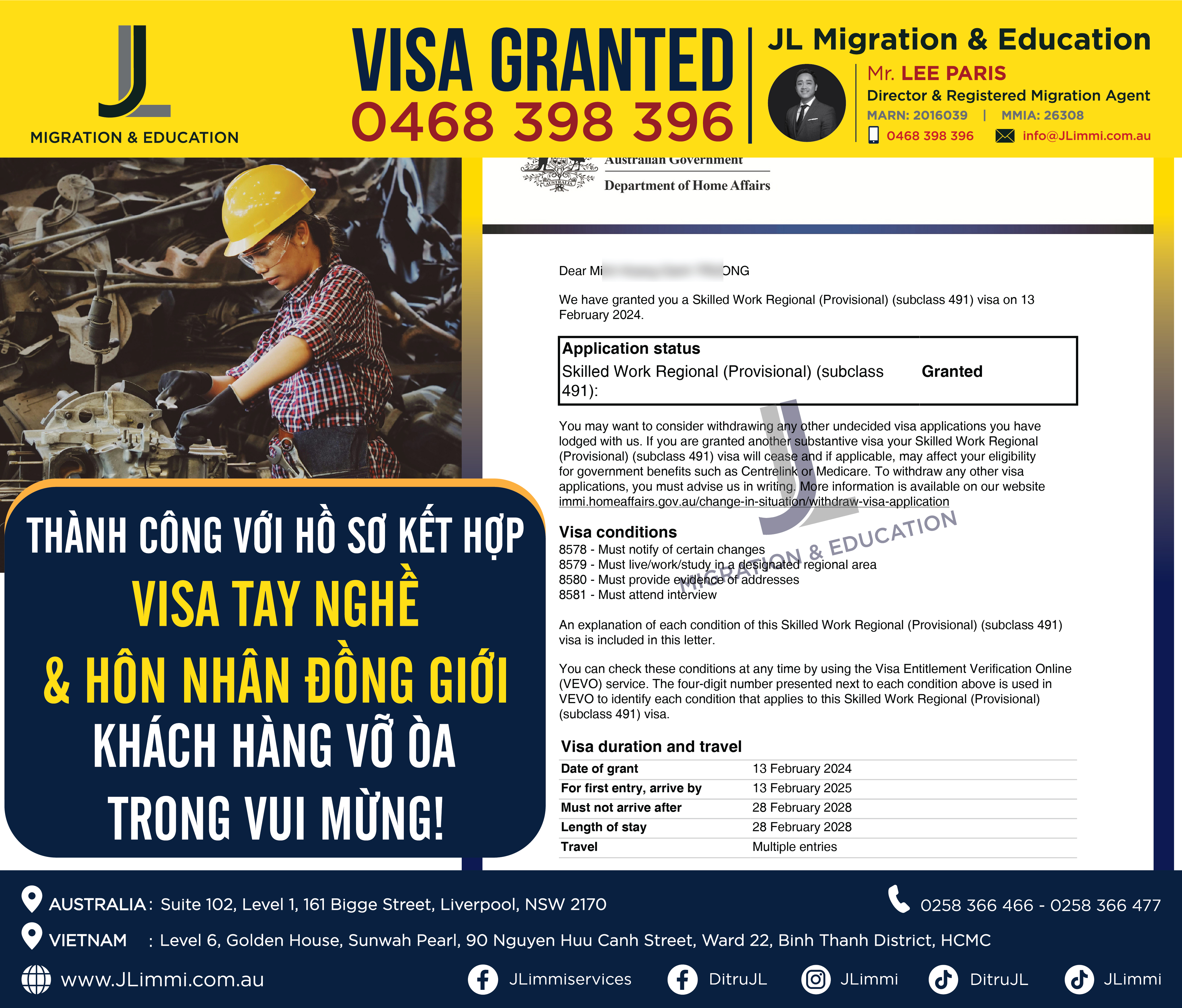 Thành công với hồ sơ kết hợp visa tay nghề và hôn nhân đồng giới Thành công với hồ sơ kết hợp visa tay nghề và hôn nhân đồng giới
